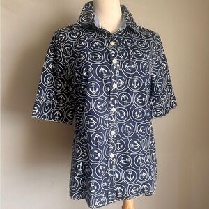 L.L.Bean Nautical Anchor Shirt Navy White Stretch Cotton Button Down M